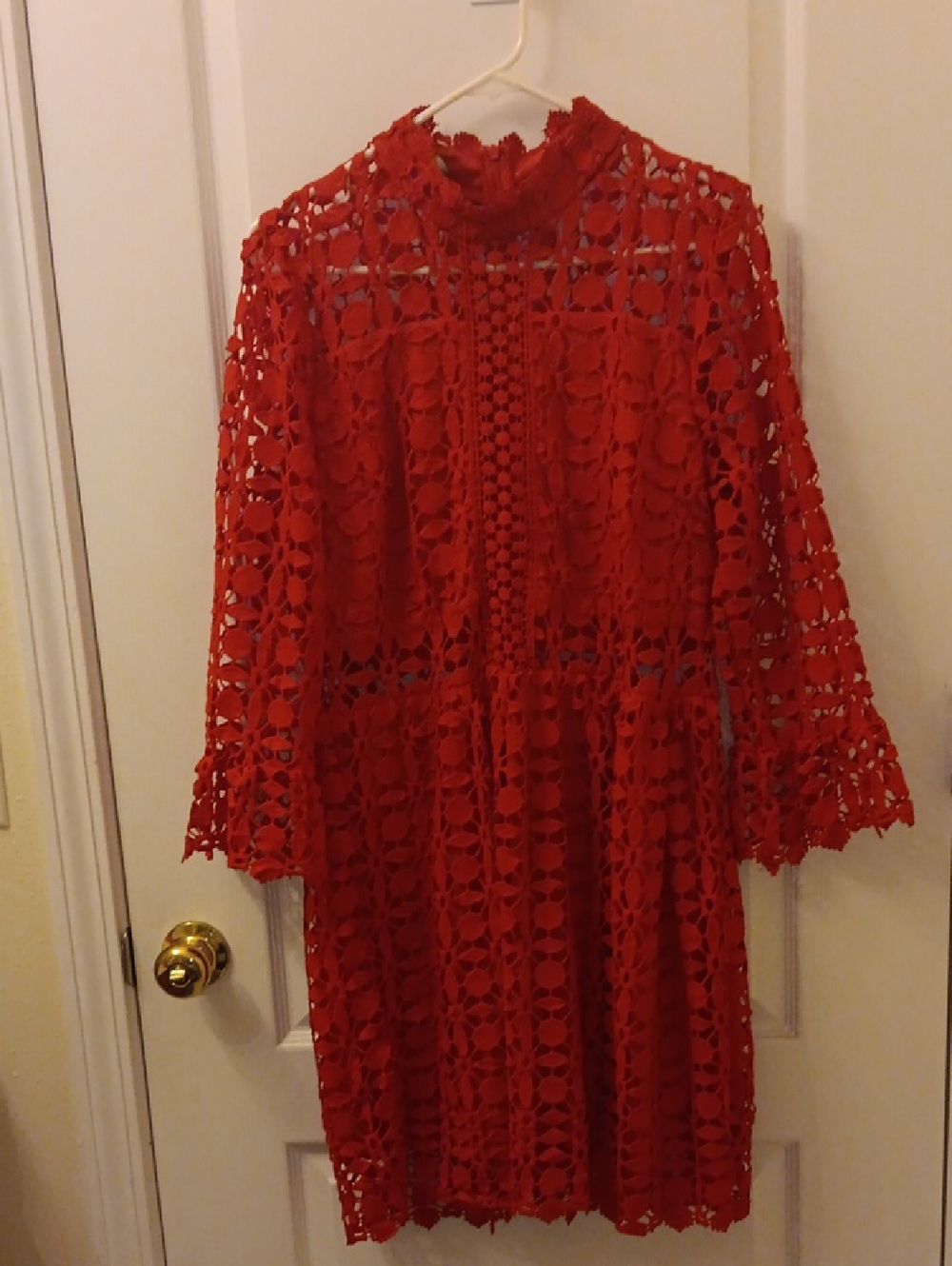 Red Crochet Lace Long-Sleeve Midi Dress